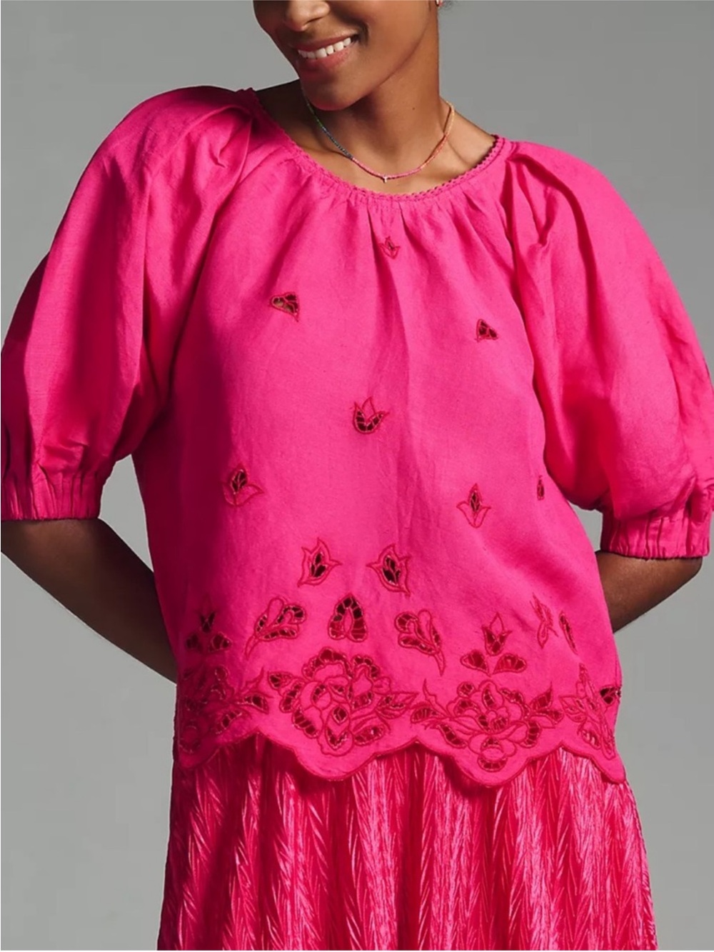 Anthropologie Hot Pink Embroidered Puff-Sleeve Tunic